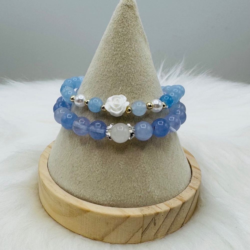 2 Piece New Natural Aquamarine Stone Beaded Bracelets. One with Camellia Charm 6